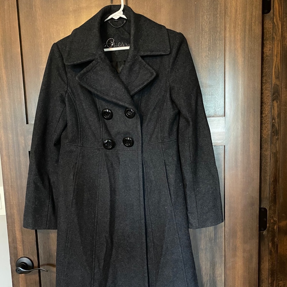 Guess Women's Black Double-Breasted Wool Pea Coat